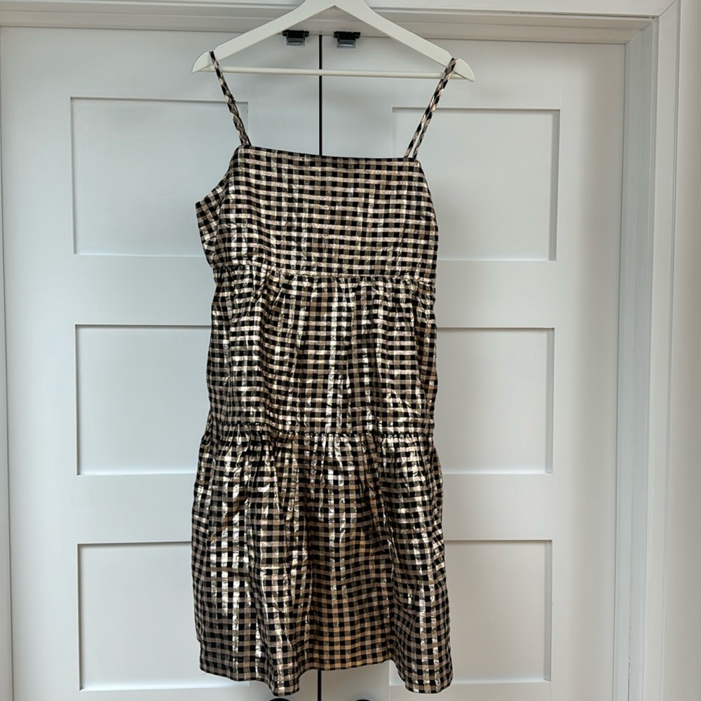 J Crew Factory Lurex Metallic Threads Gingham Tiered Mini Dress.